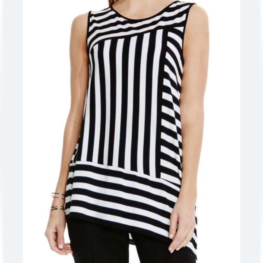 Vince Camuto 2X Tie-cuff Striped Asymmetric Top CASBAH BLUE NWT